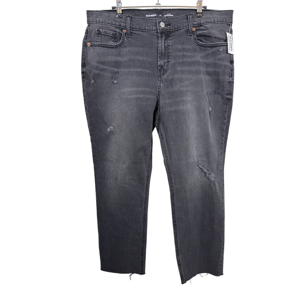 Old Navy Boyfriend Straight Jeans Women 12 Black Mid Rise Distressed Stretch NWT